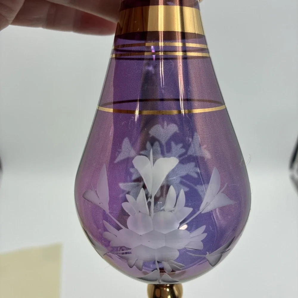 Vintage Egyptian Hand Blown Glass Ornaments Etched Floral Gold Trim Set of 2
